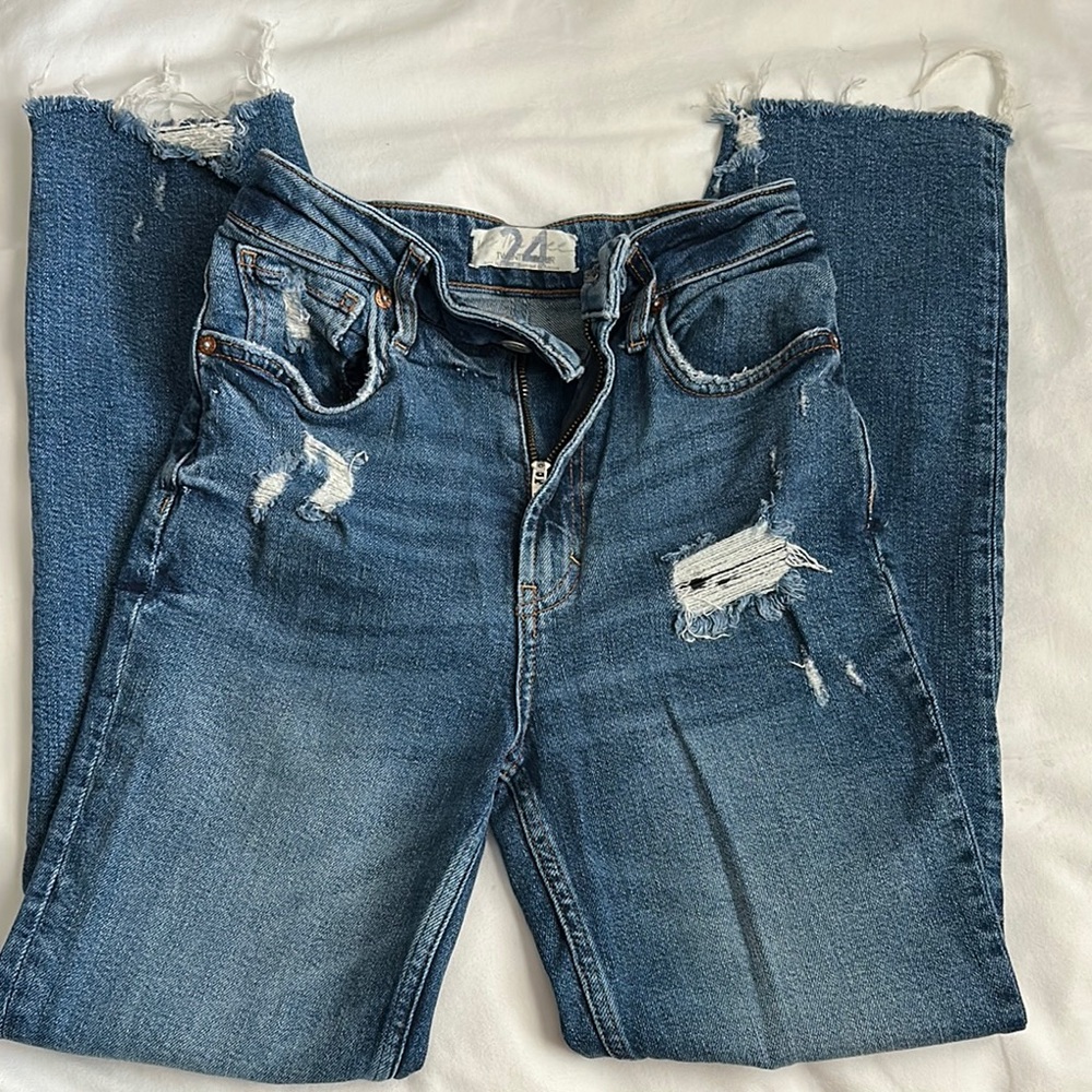 We The Free Blue Straight Leg Jeans with Distressing and Medium Weight Denim